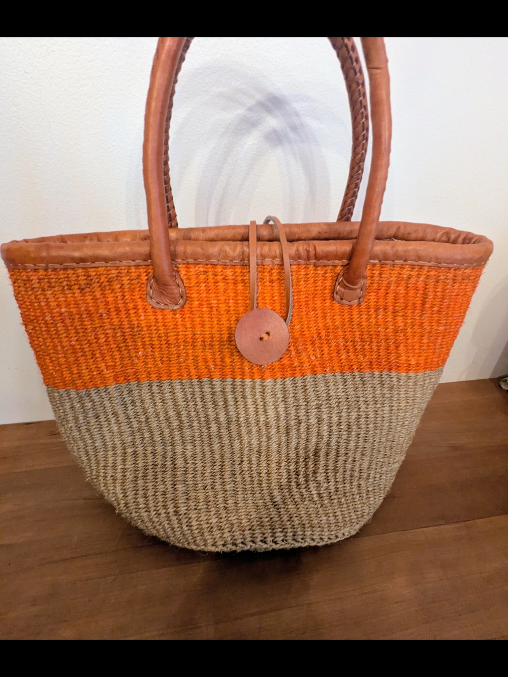 Woven Straw Sisal Tote Bag with Orange Accent